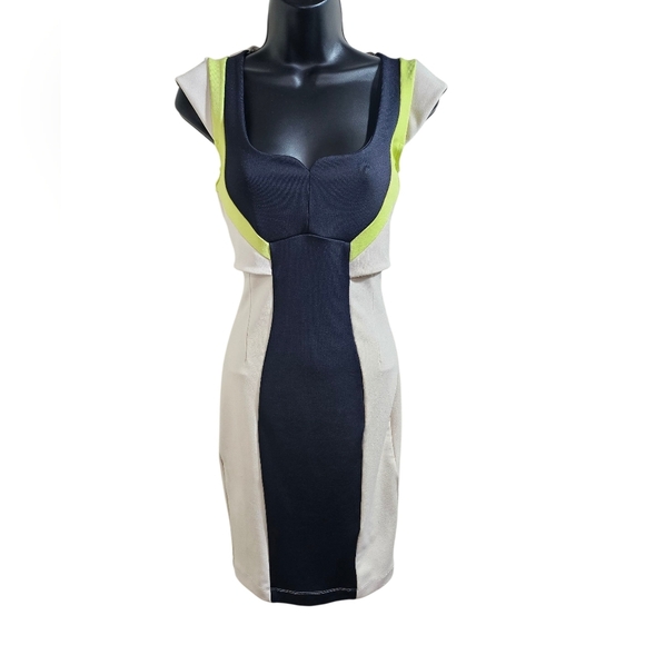 French Connection Cream Navy Blue Lime Green Dress 4 - Picture 1 of 5